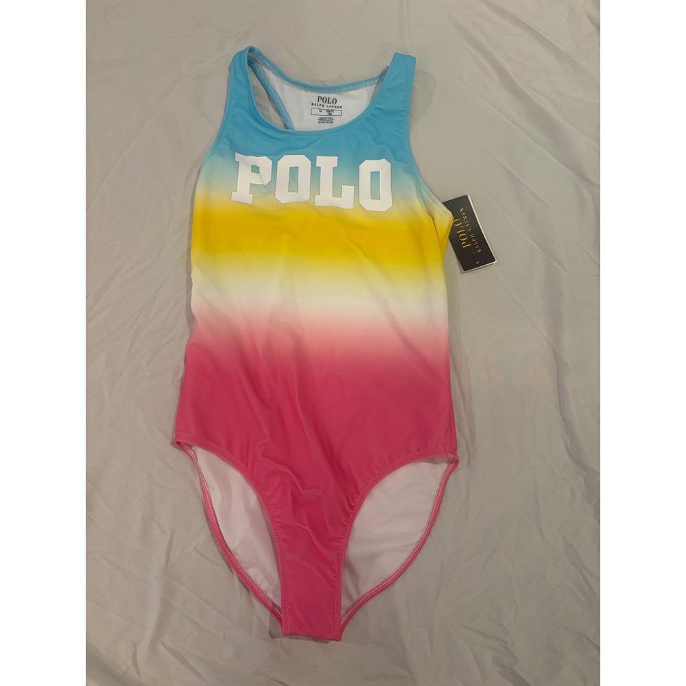Polo Ralph Lauren Girls Ombre One Piece Swimsuit Blue Yellow Pink Size 14 NWT